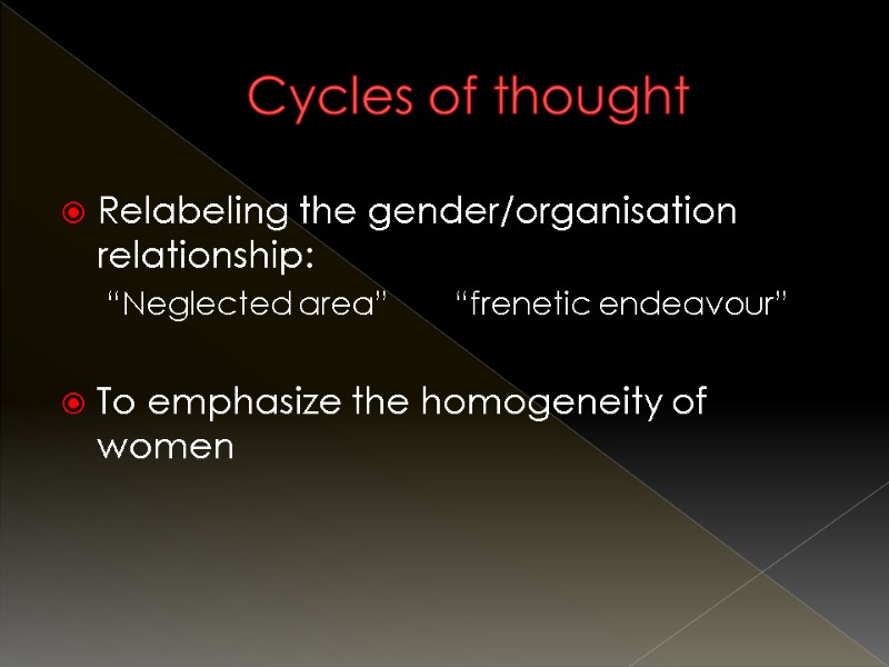 Cycles of thought Relabeling the gender/organisation relationship: “Neglected area”     